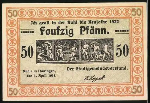 Notgeld Ruhla in Thüringen 1921, 50 Pfennig, Rinder am Wegweiser nach Ruhla