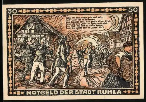 Notgeld Ruhla in Thüringen 1921, 50 Pfennig, Feuerwehr an brennendem Haus