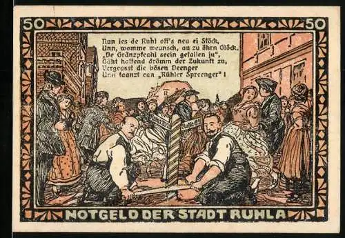 Notgeld Ruhla in Thüringen 1921, 50 Pfennig, Männer sägen Wegweiser ab