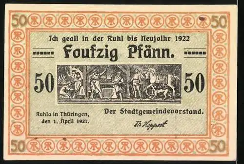 Notgeld Ruhla in Thüringen 1921, 50 Pfennig, Mann kommt zur Frau schlafen