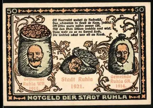 Notgeld Ruhla in Thüringen 1921, 50 Pfennig, Geldsäcke Gemeinde Ruhla 1914 und Stadt Ruhla 1921