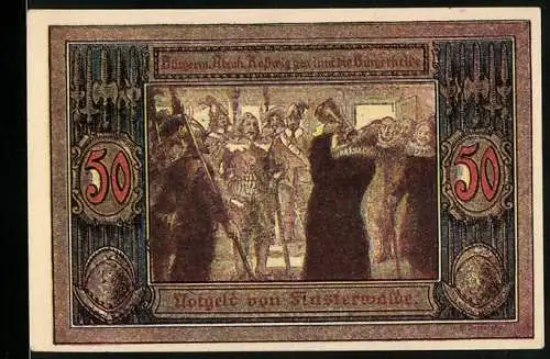Notgeld Finsterwalde 1921, 50 Pfennig, Bürgermeister Abraham Rossnig gewinnt die Bürgerheide
