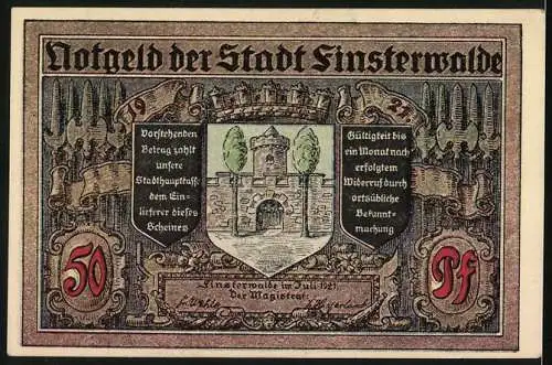 Notgeld Finsterwalde 1921, 50 Pfennig, Bürgermeister Abraham Rossnig gewinnt die Bürgerheide