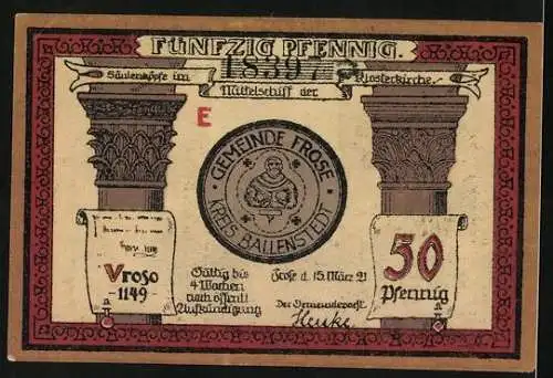 Notgeld Frose /Kreis Ballenstedt 1921, 50 Pfennig, Turmfenster der Klosterkirche, Im Mönchskloster gegr. 950