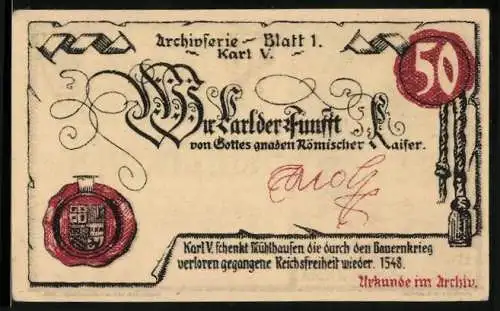 Notgeld Mühlhausen /Thür. 1921, 50 Pfennig, Eule im Archiv, Siegel