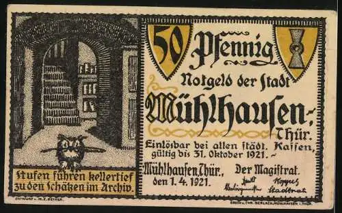 Notgeld Mühlhausen /Thür. 1921, 50 Pfennig, Eule im Archiv, Siegel