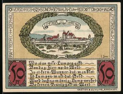 Notgeld Diepholz 1921, 50 Pfennig, Lemförde im Jahre 1621, Wappen