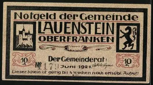Notgeld Lauenstein /Oberfranken 1921, 10 Pfennig, Felsen, Statue eines Geistlichen