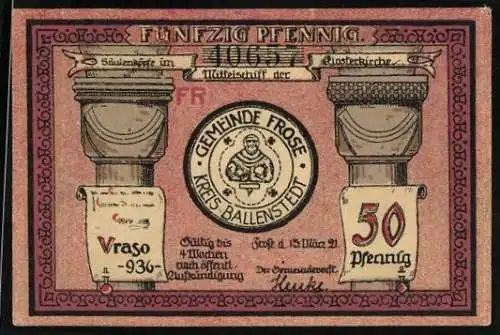 Notgeld Frose /Kreis Ballenstedt 1921, 50 Pfennig, Säulenköpfe im Mittelschiff der Klosterkirche