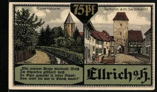 Notgeld Ellrich am Harz 1921, 75 Pfennig, Ravensturm, Torturm am Salzmarkt