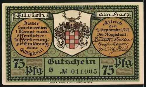 Notgeld Ellrich am Harz 1921, 75 Pfennig, Ravensturm, Torturm am Salzmarkt