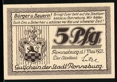 Notgeld Ronneburg 1921, 5 Pfennig, Stadtwappen