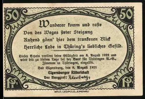 Notgeld Elgersburg 1921, 50 Pfennig, Carl Eduard-Warte
