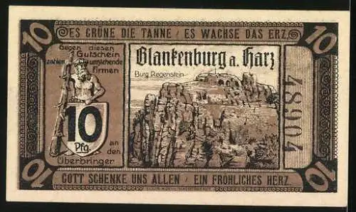 Notgeld Blankenburg /Harz 1920, 10 Pfennig, Burg Regenstein, Hexe auf Besen