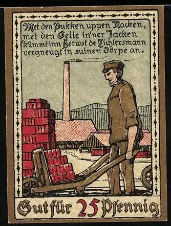 Notgeld Lage i. Lippe 1921, 25 Pfennig, Maurer mit Karren