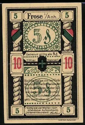 Notgeld Frose i. Anh., 5 Pfennig, Säulen mit Wappen