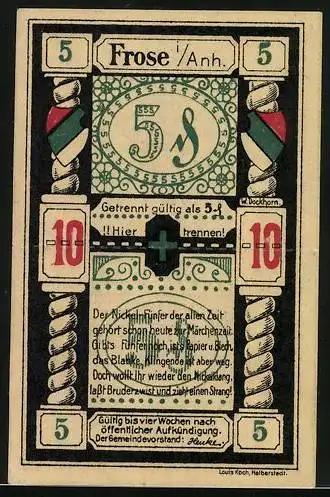 Notgeld Frose i. Anh., 5 Pfennig, Säulen mit Wappen