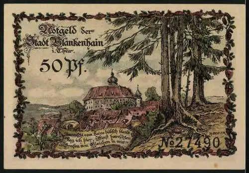 Notgeld Blankenhain i. Thür., 59 Pfennig, Ortspartie, Töpfer bei der Arbeit, Wappen