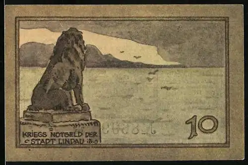 Notgeld Lindau i. B., 10 Pfennig, Löwenstatue am Wasser