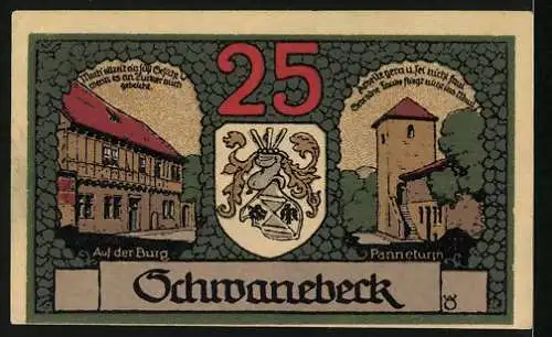Notgeld Schwanebeck 1921, 25 Pfennig, Auf der Burg, Panneturm, Wappen