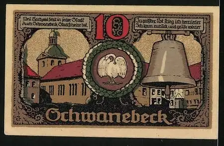 Notgeld Schwanebeck 1921, 10 Pfennig, Kirche, Glocke, Wappen