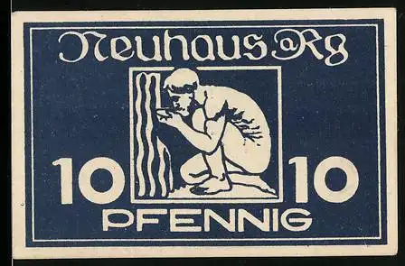 Notgeld Neuhaus a. Rg. 1921, 10 Pfennig, Mann kniet an einem Wasserfall und trinkt