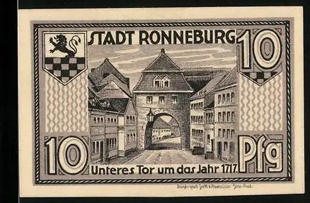 Notgeld Ronneburg 1921, 10 Pfennig, Unteres Tor um das Jahr 1717