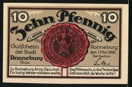 Notgeld Ronneburg 1921, 10 Pfennig, Unteres Tor um das Jahr 1717