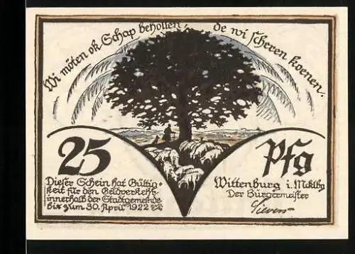 Notgeld Wittenburg i. Mcklbg. 1922, 25 Pfennig, Hirte mit Schafen am Baum