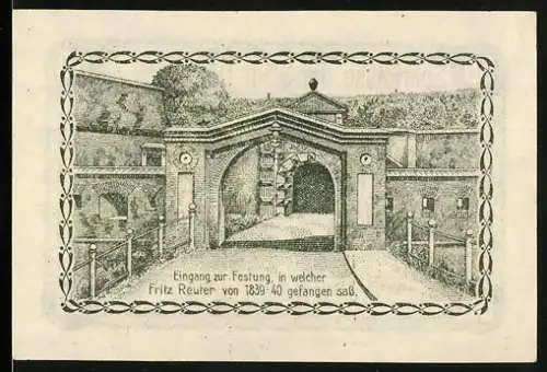Notgeld Dömitz a. Elbe 1921, 50 Pfennig, Eingang zur Festung in welcher Fritz Reuter von 1839-40 gefangen sass