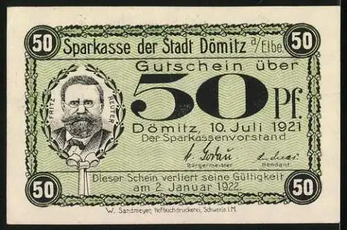 Notgeld Dömitz a. Elbe 1921, 50 Pfennig, Eingang zur Festung in welcher Fritz Reuter von 1839-40 gefangen sass