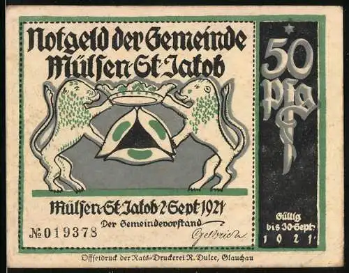 Notgeld Mülsen-St-Jakob 1921, 50 Pfennig, Löwen mit Krone, Streit beim Trinken