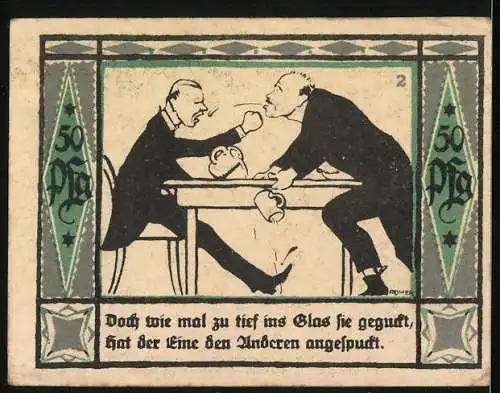 Notgeld Mülsen-St-Jakob 1921, 50 Pfennig, Löwen mit Krone, Streit beim Trinken