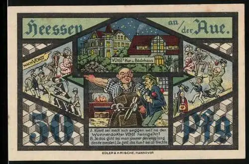 Notgeld Heessen an der Aue 1921, 50 Pfennig, Voigt`s Kur- und Badehaus bei Nacht