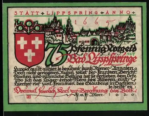 Notgeld Bad Lippspringe 1921, 75 Pfennig, Teilansicht 1665, Wappen