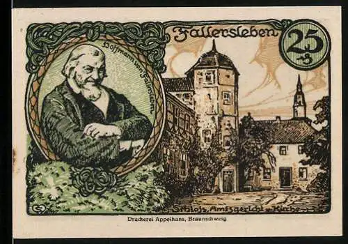 Notgeld Fallersleben 1920, 25 Pfennig, Amtsgericht und Kirche, Hoffmann von Fallersleben