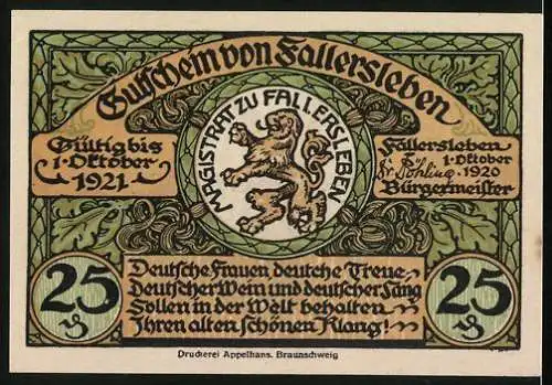 Notgeld Fallersleben 1920, 25 Pfennig, Amtsgericht und Kirche, Hoffmann von Fallersleben