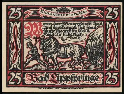 Notgeld Bad Lippspringe 1921, 25 Pfennig, Wald-Naturtheater, Bauer mit Pferdegespann, Wappen
