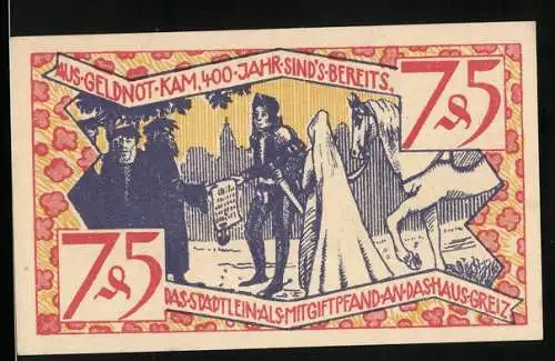 Notgeld Zeulenroda 1921, 75 Pfennig, Übergabe an das Haus Greiz, Wappen