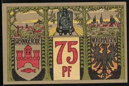 Notgeld Wernigerode 1921, 75 Pfennig, Eisenbahn, Ortspartien, Wappen