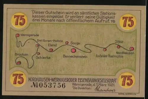 Notgeld Wernigerode 1921, 75 Pfennig, Eisenbahn, Ortspartien, Wappen