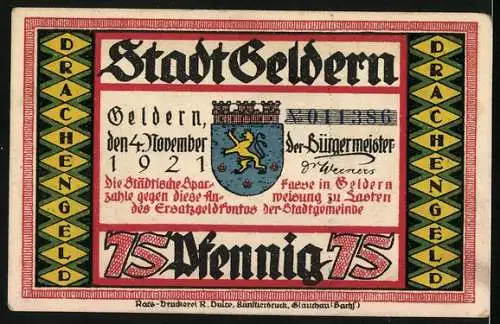 Notgeld Geldern 1921, 75 Pfennig, Der Drache greift die Menschen an