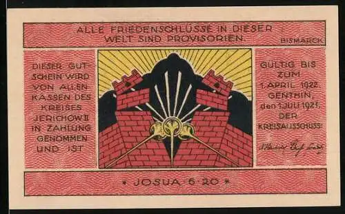 Notgeld Genthin 1921, 50 Pfennig, Mauern mit Fanfaren