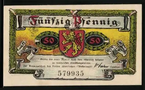 Notgeld Altenkirchen /Westerwald 1921, 50 Pfennig, Wappen