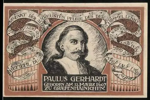 Notgeld Gräfenhainichen 1921, 50 Pfennig, Paulus Gerhardt, alte Stadt