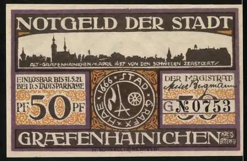 Notgeld Gräfenhainichen 1921, 50 Pfennig, Paulus Gerhardt, alte Stadt