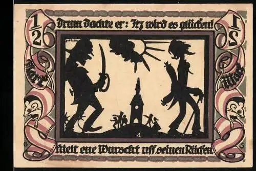 Notgeld Glauchau 1921, 50 Pfennig, Mann mit Wurst auf dem Rücken