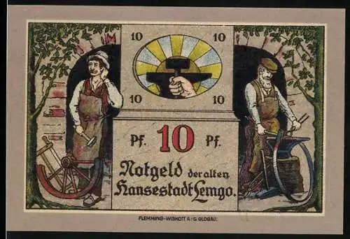 Notgeld Lemgo 1921, 10 Pfennig, Schmiede bei der Arbeit