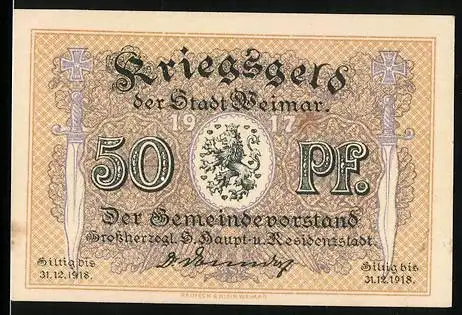 Notgeld Weimar 1918, 50 Pfennig, Wappen und Dolche