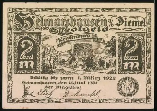 Notgeld Helmarshausen 1921, 2 Mark, Totenbett, Krufenburg